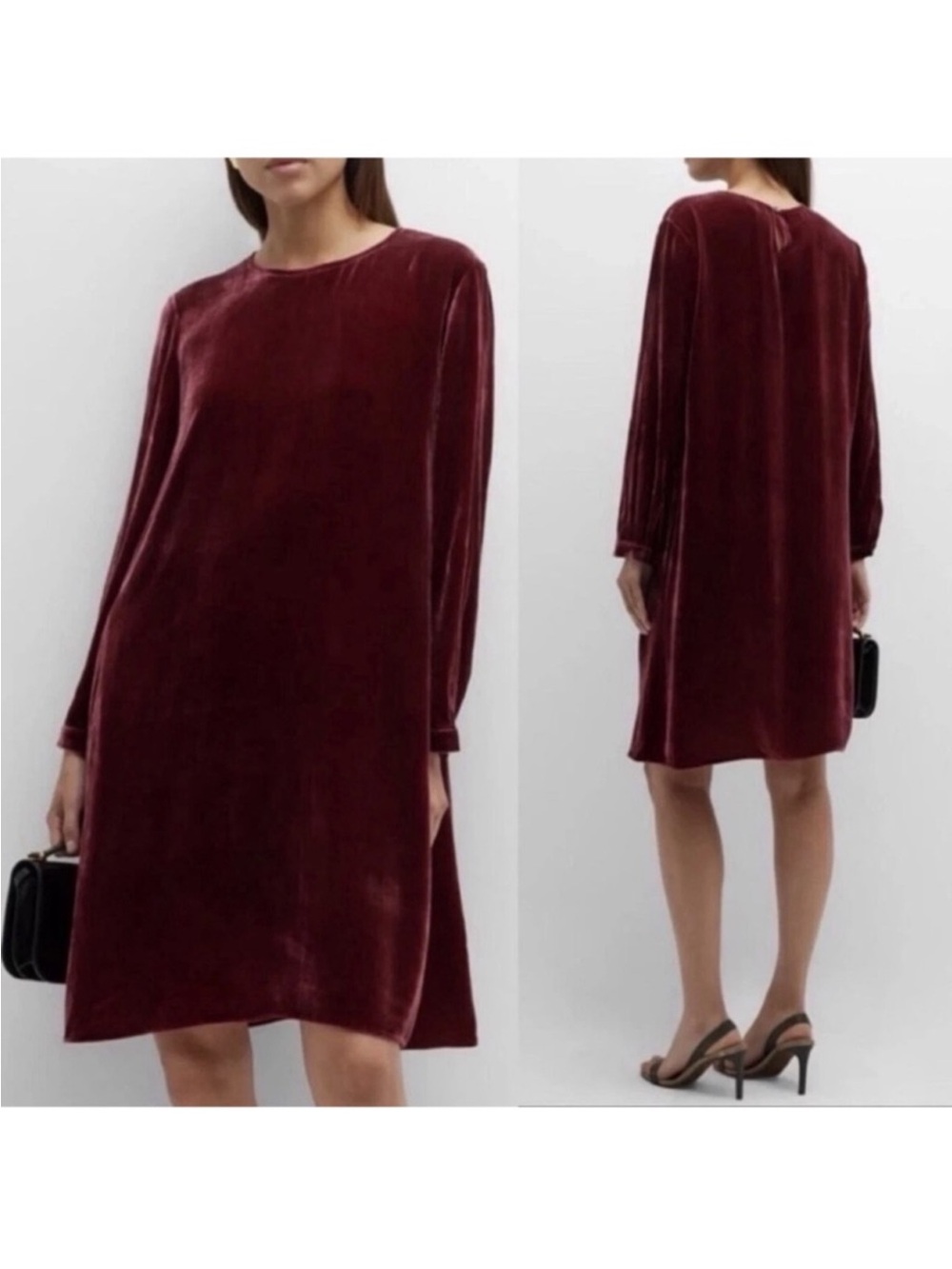 Eileen Fisher Velvet Long-Sleeve Shift Dress in Burgundy